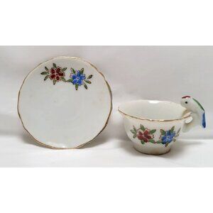 Vintage 1950s Miniature Porcelain Floral Design Tea Cup Parrot Handle Saucer